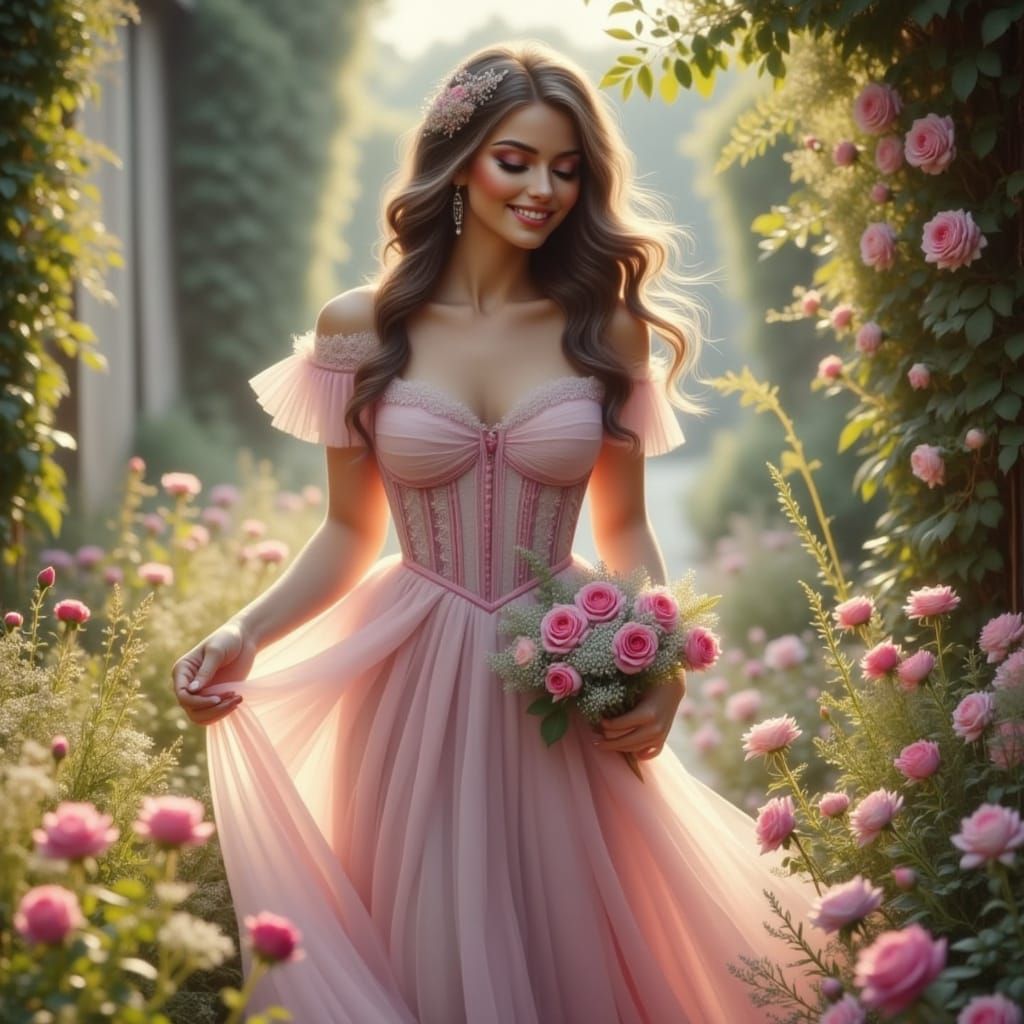 Elegant Woman in Rainbow Corset Strolling Through Garden