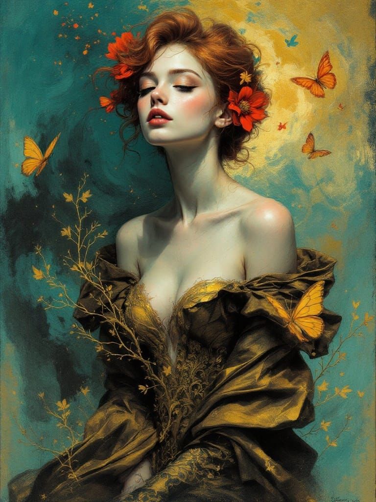 Charcoal Figure Study of a Serene Woman in a Dreamlike Setti...