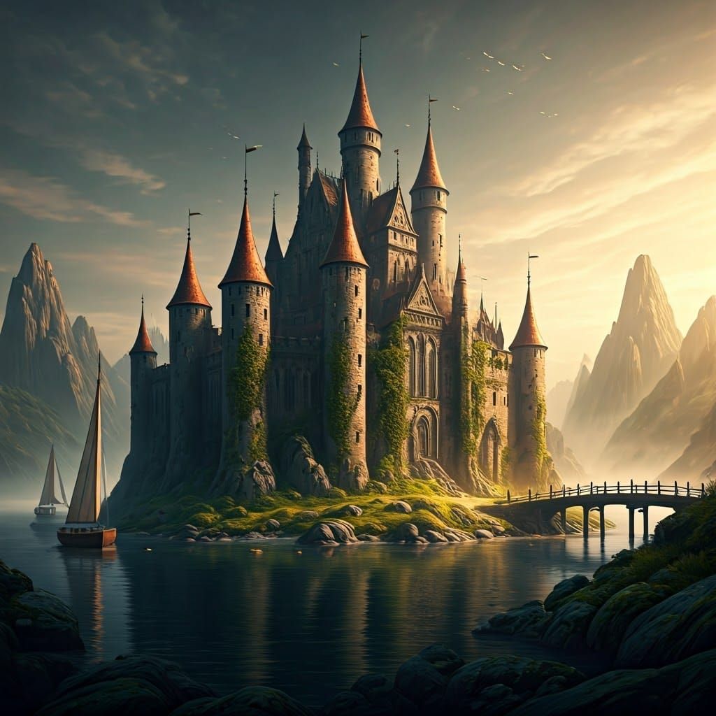 Ethereal Island Castle with Weathered Stone Walls and Copper...