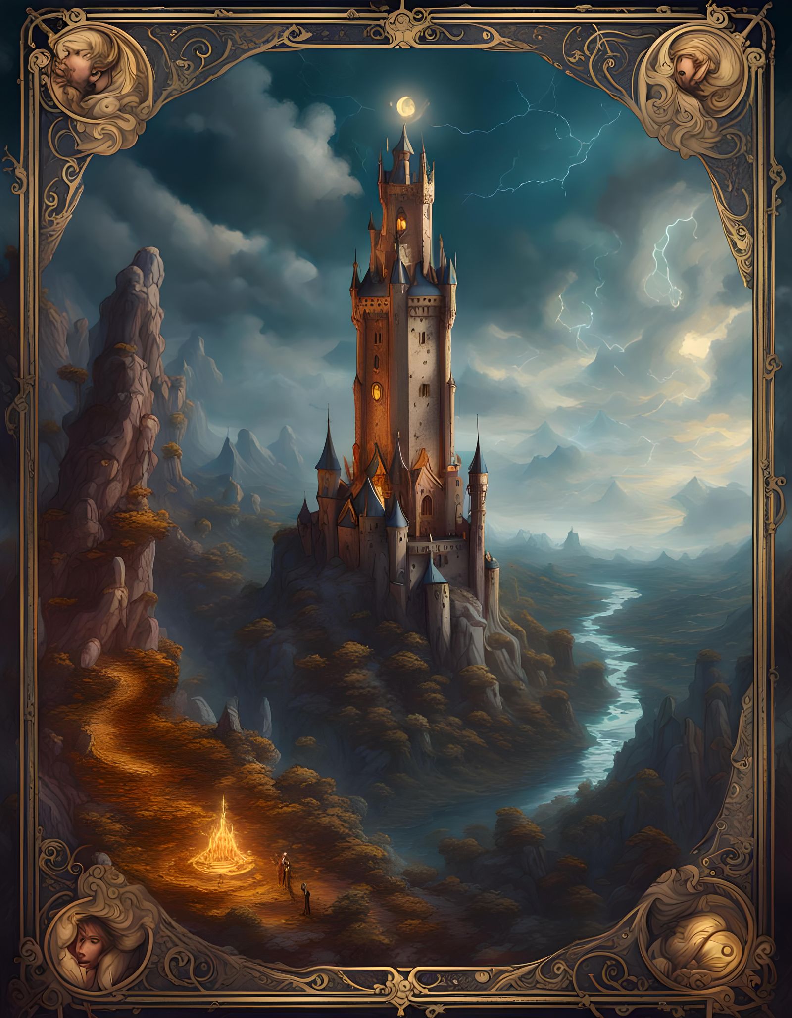 The Tower Tarot Card in Detailed Matte Painting Style