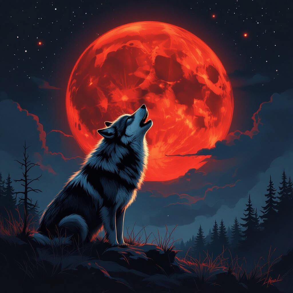 Majestic Wolf Howling at Blood Moon