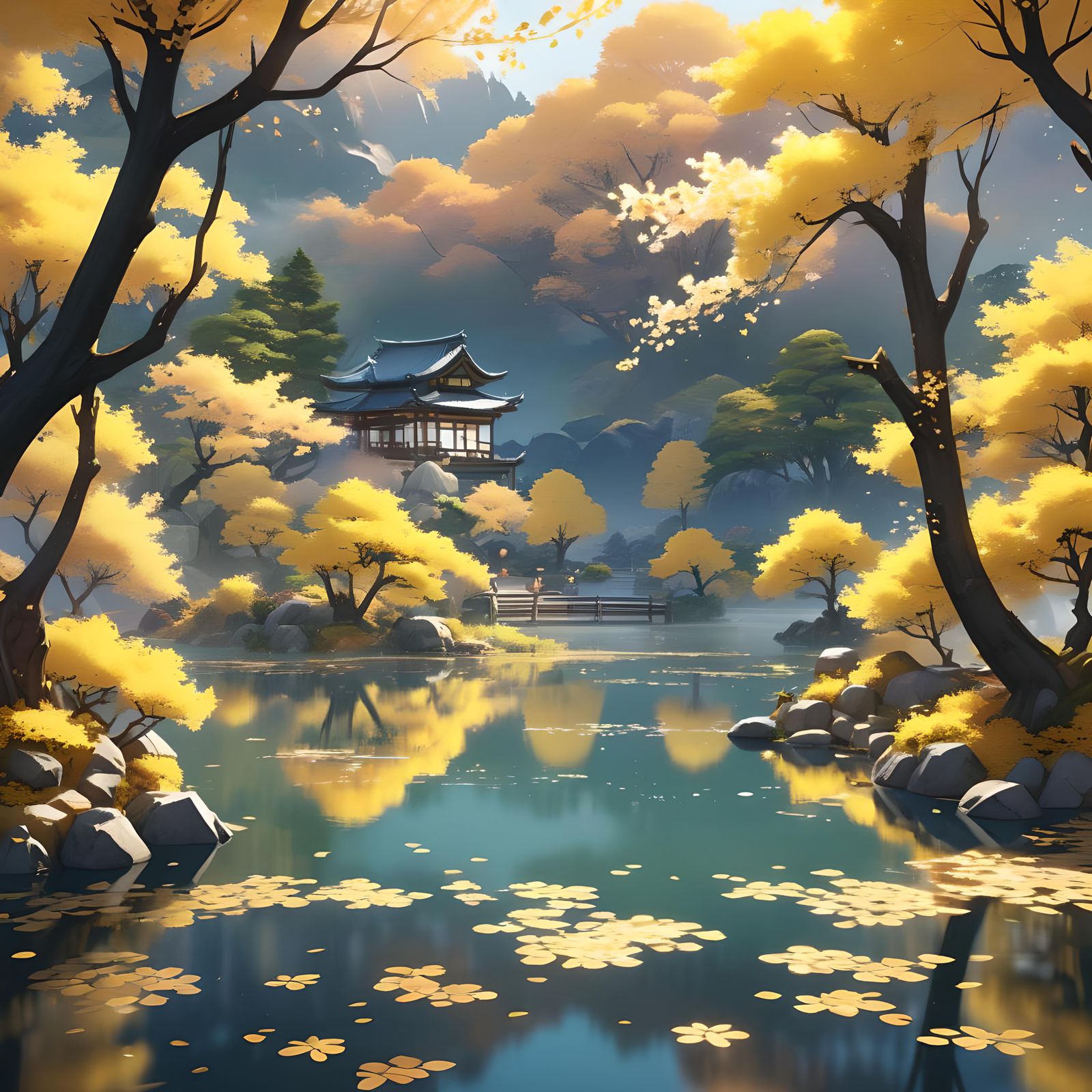 Lake Surrounded by Yellow Ipê Trees in Anime Style