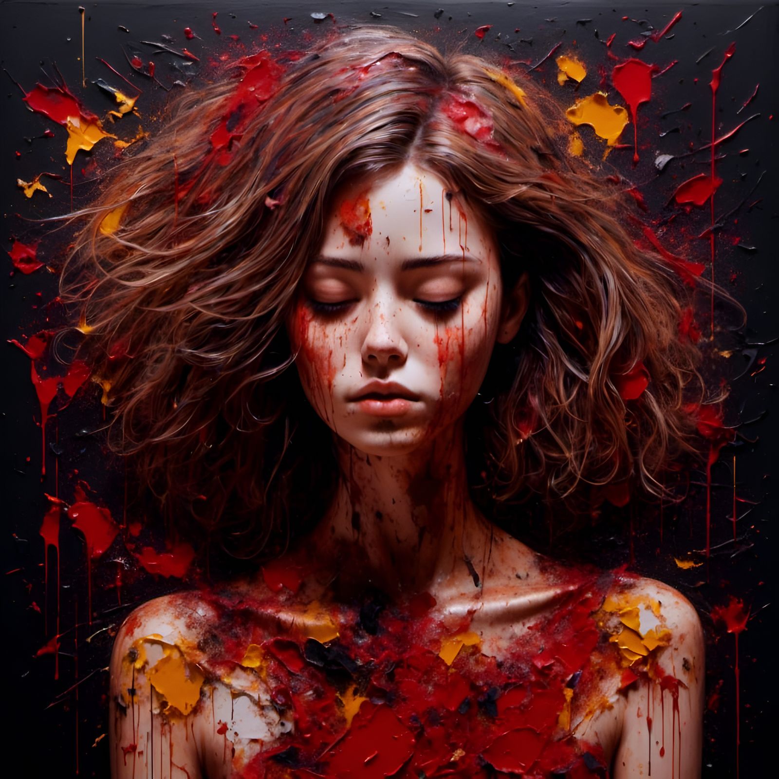 Emotionally Charged Female Portrait in Mixed Media Chaos