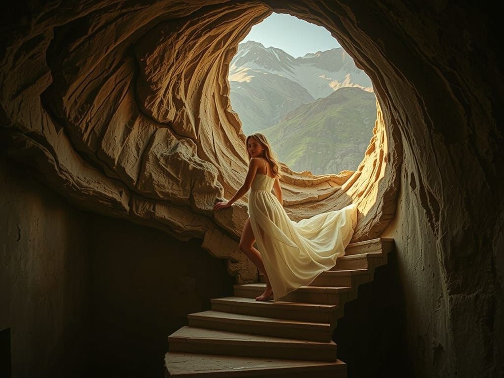 Dreamlike Scene of Young Girl at Stairway's Edge