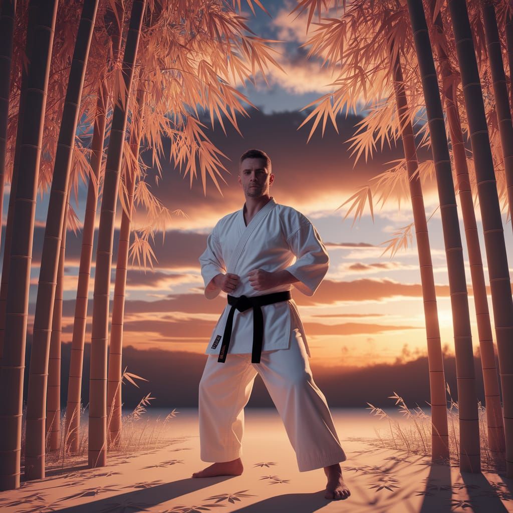 Karate Master in Bamboo Forest at Sunset