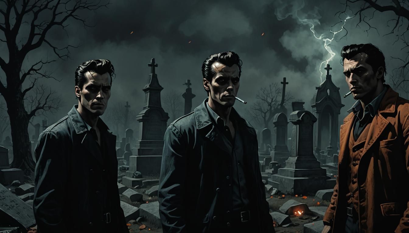 Greasers Smoking in Spooky Graveyard, Comic Book Art