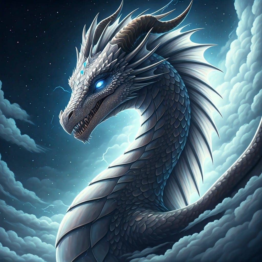 Silver Dragon Soaring in Electric Storm, Whimsical Art
