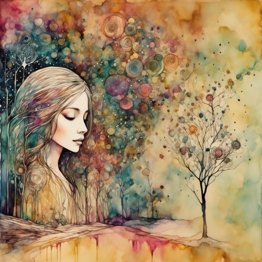 Woman in a Liquid Ink Watercolor Universe