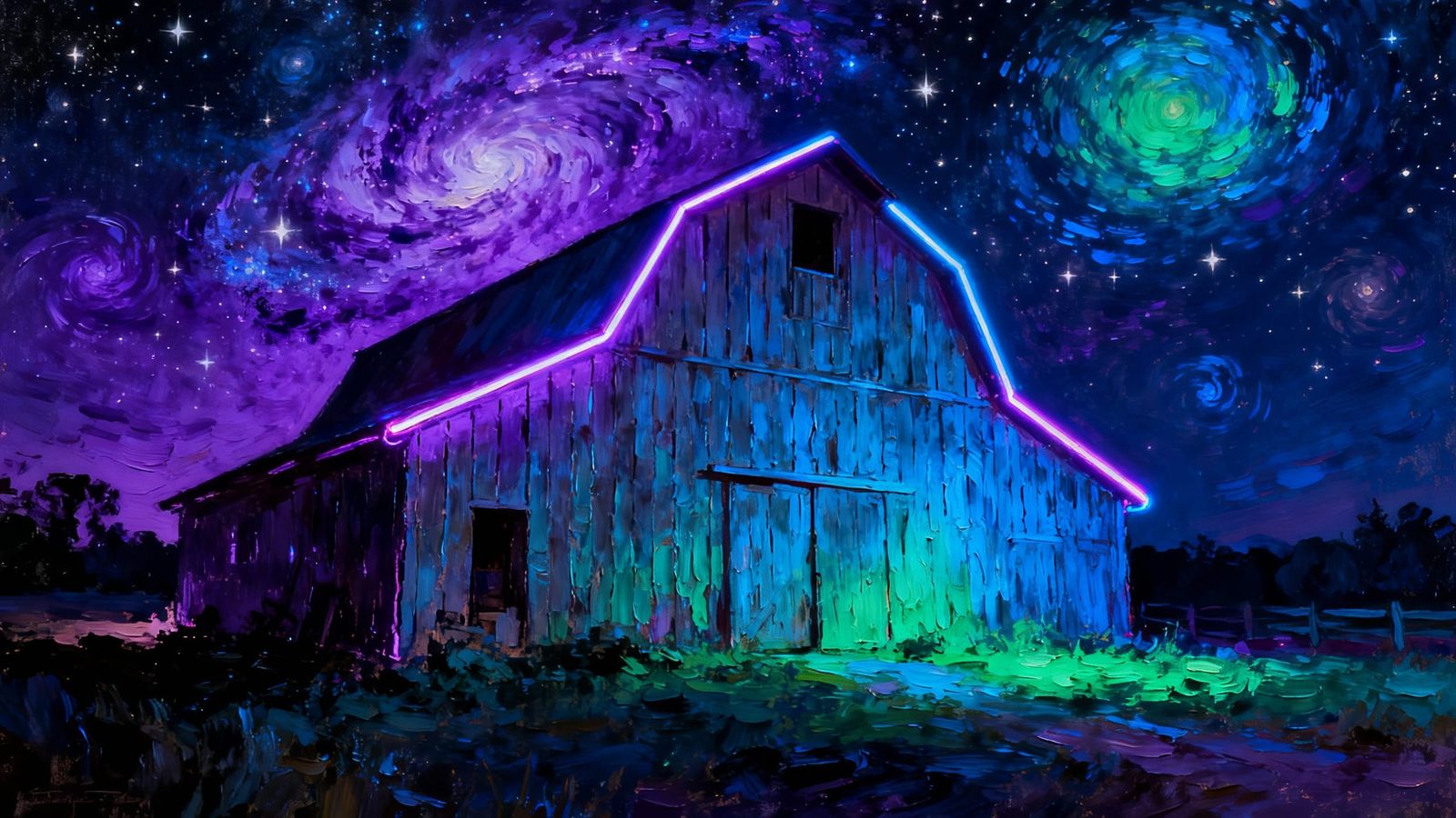 Cosmic Barn Oil Painting in Blacklight Style