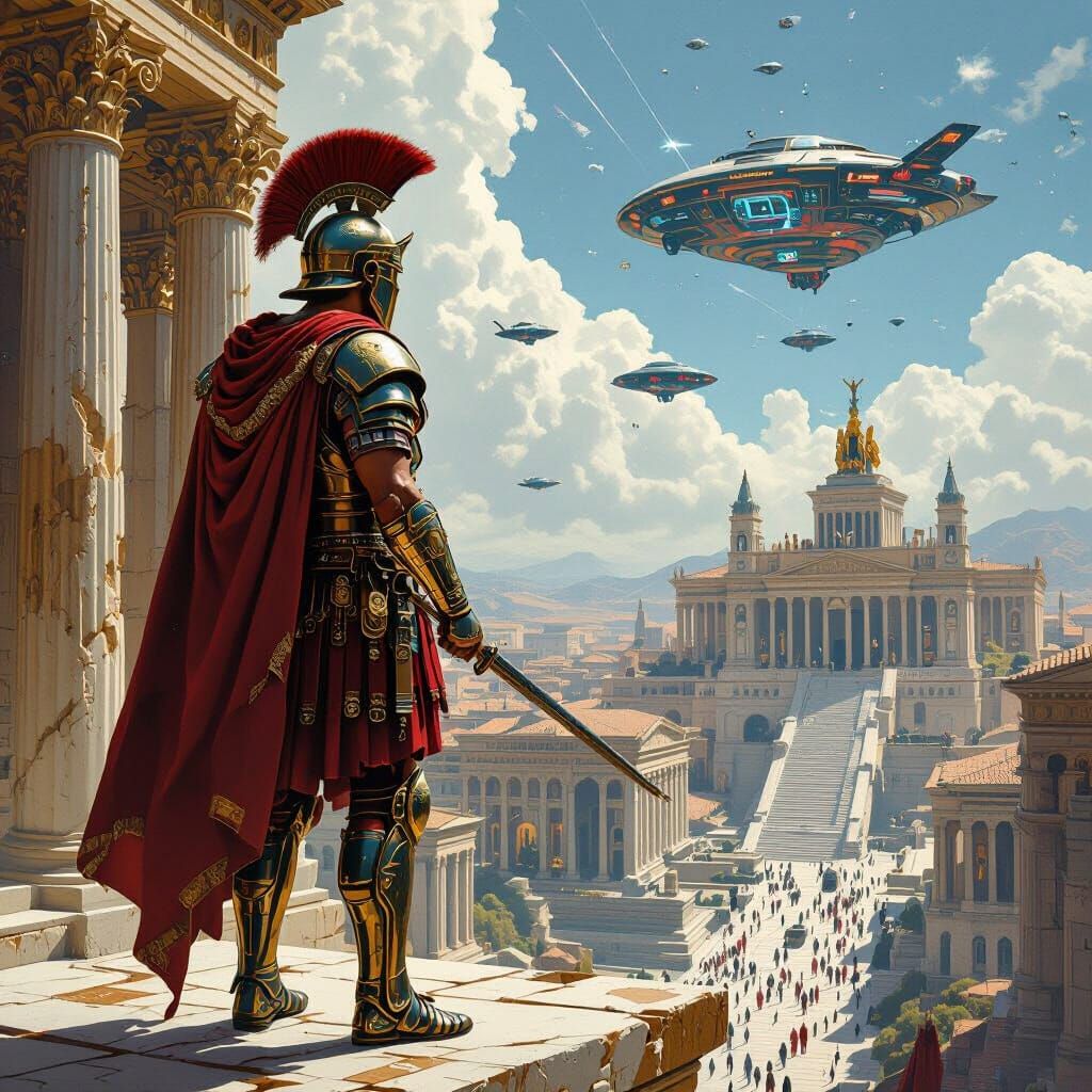 Futuristic Roman City with Centurion in Cyberpunk Style