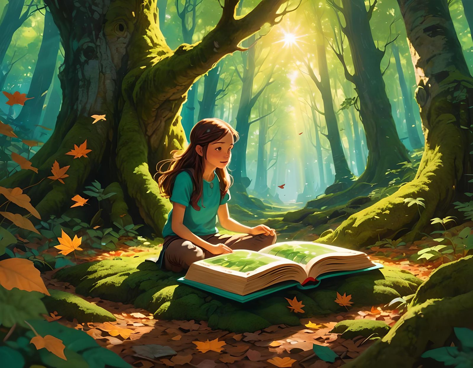 Girl Reading Book with Forest Creatures, in Ray Caesar Style