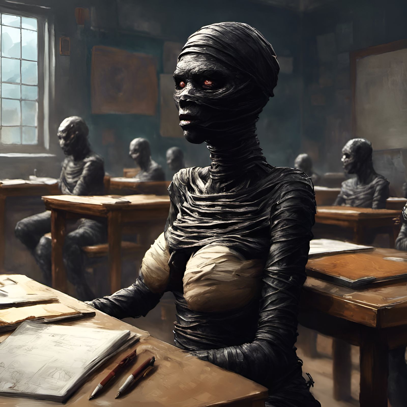 Latex Mummy Attends School: Hyperdetailed Digital Art