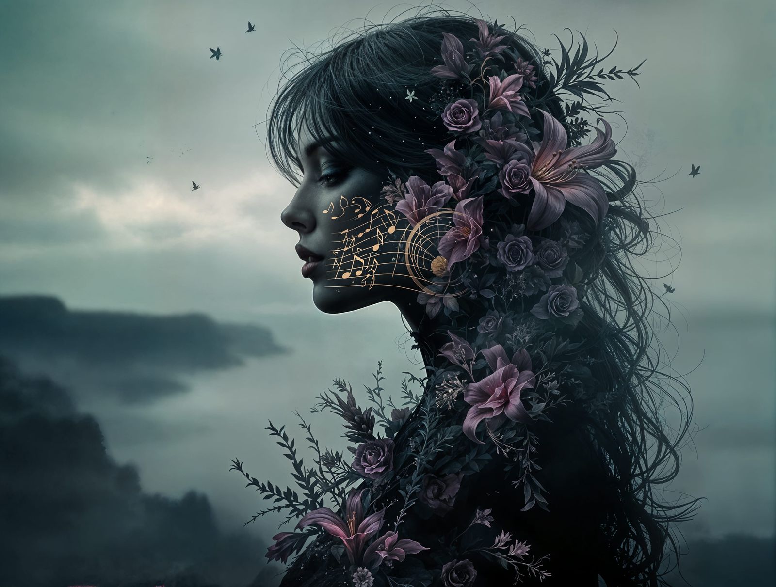 Ethereal Gothic Bloom Portrait in Moody Landscape