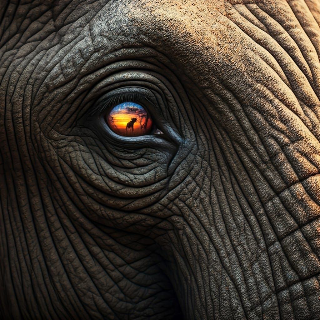 Elephant Eye Reflecting African Sunset in Matte Painting