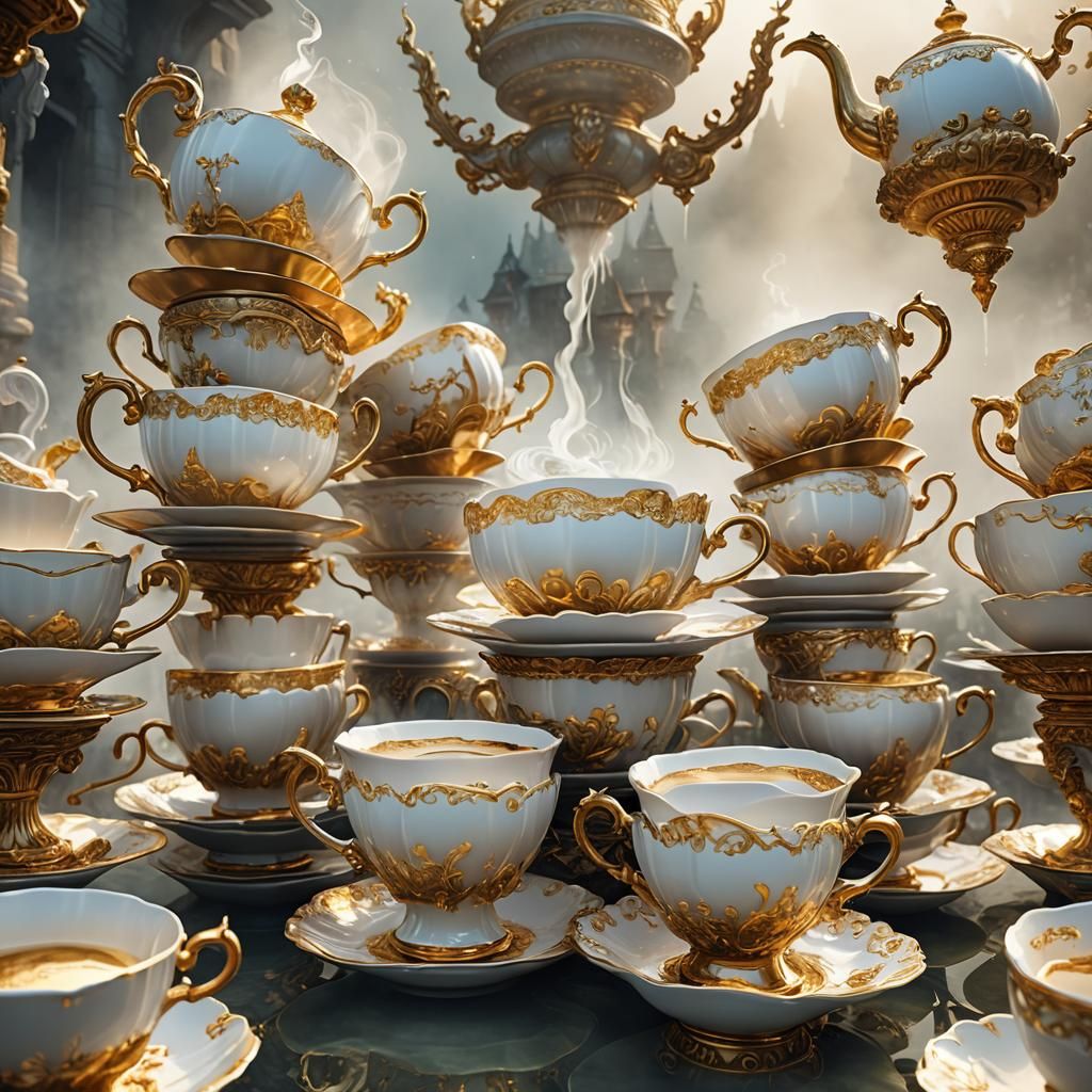 Fantasy Worlds Flowing Through Stacked Teacups