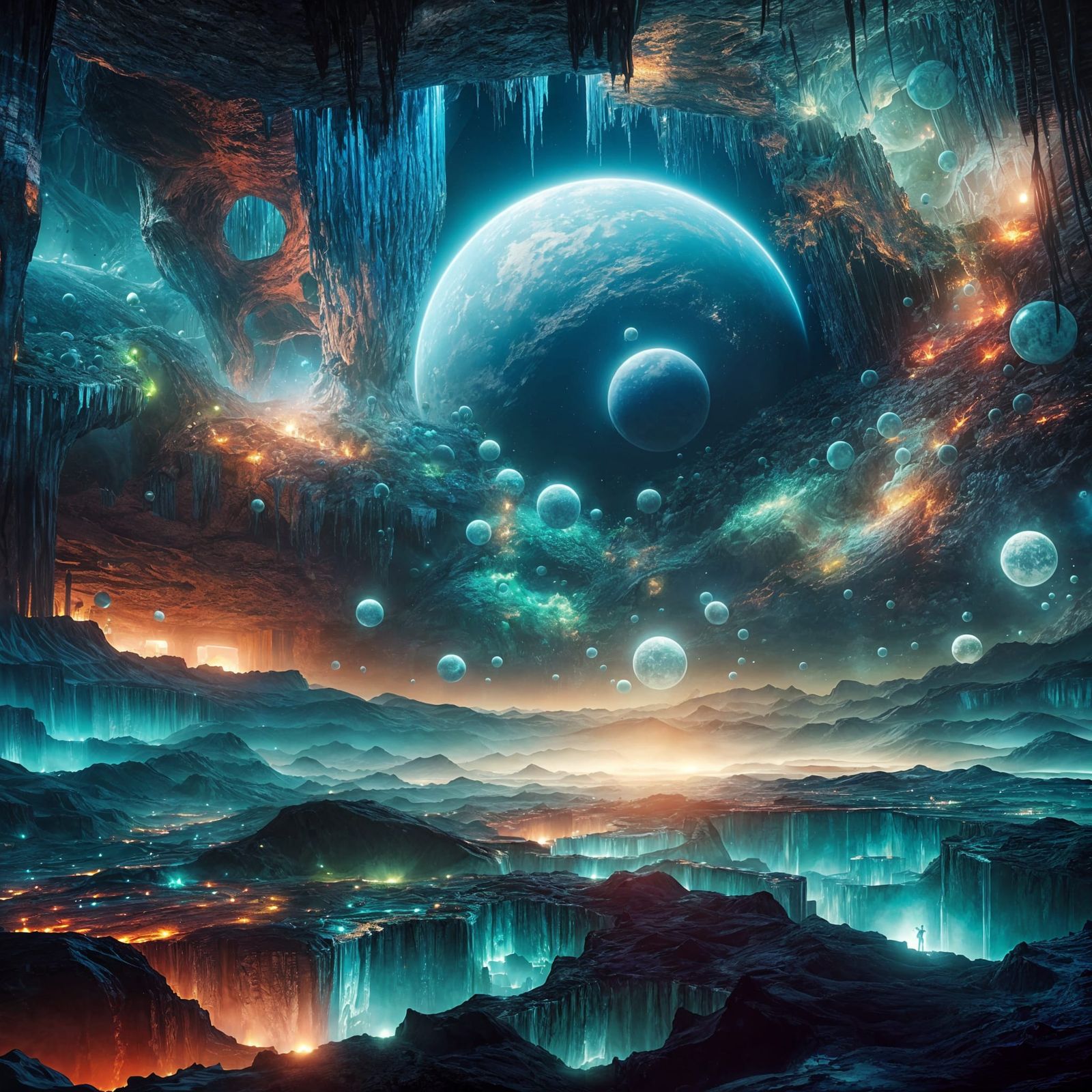 Surreal Neon Planet with Glowing Underground World