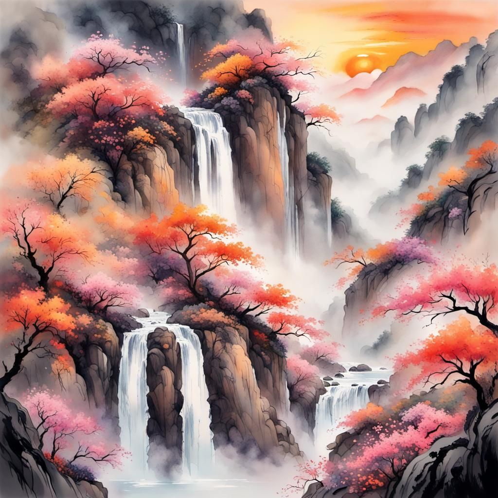 Lush Waterfall with Cosmic Floral Patterns