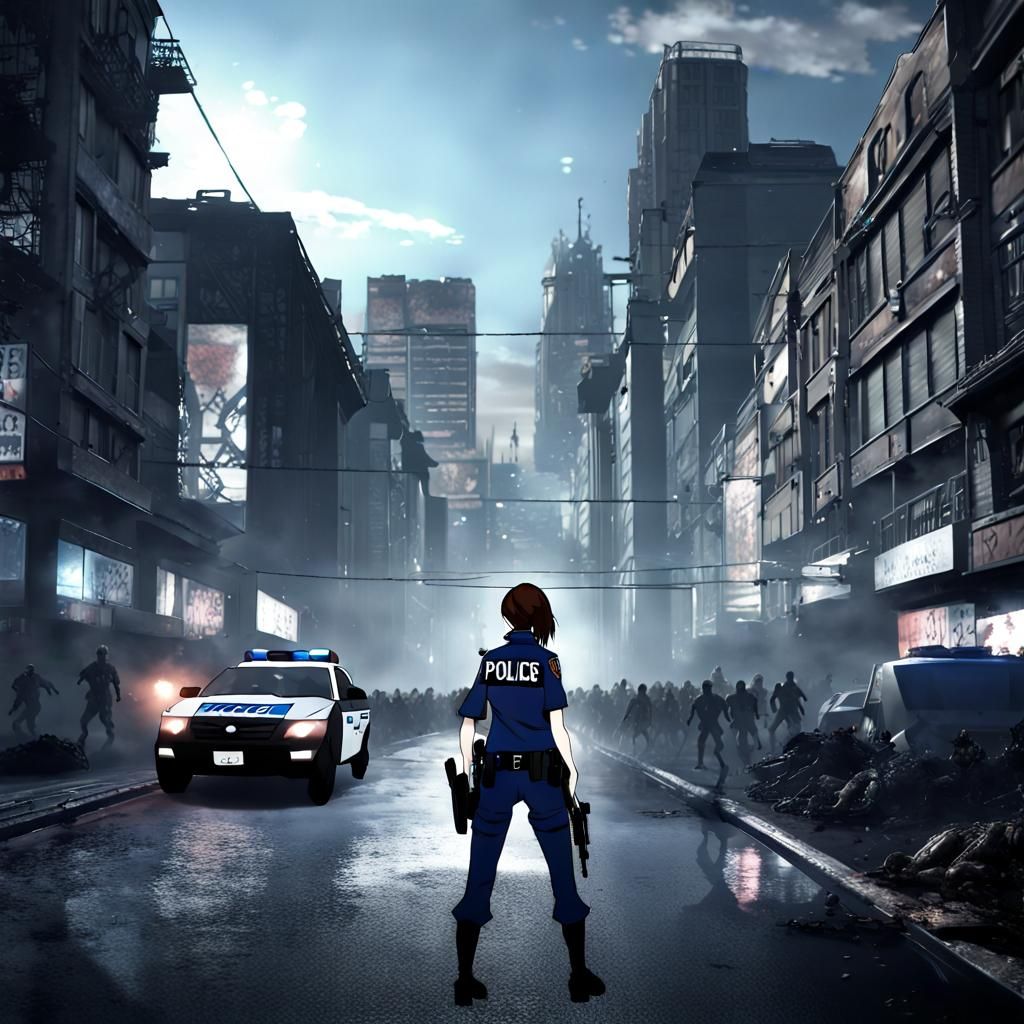 Anime Police Officer Escaping Zombie Horde