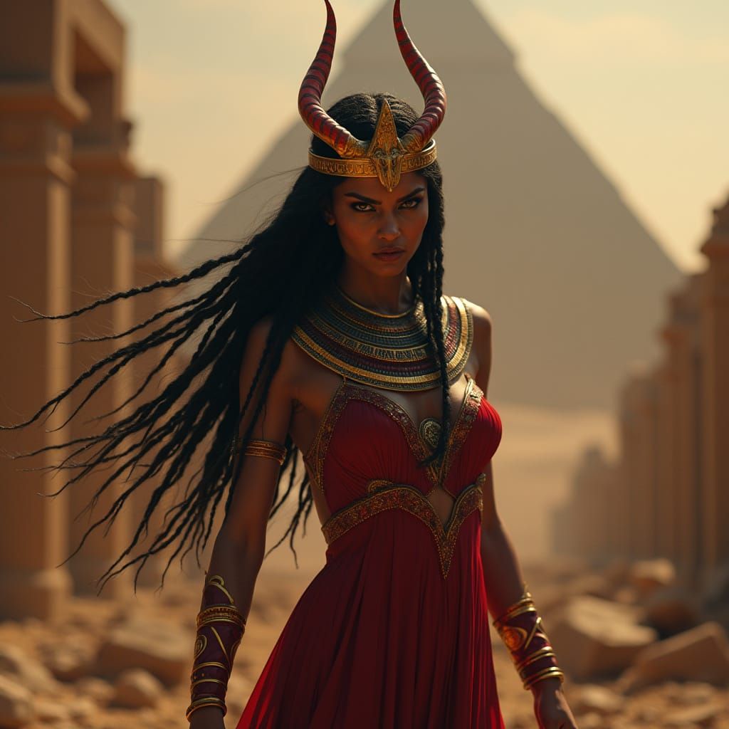 Egyptian Goddess of Destruction, Hetimit, in Dark, Cinematic...