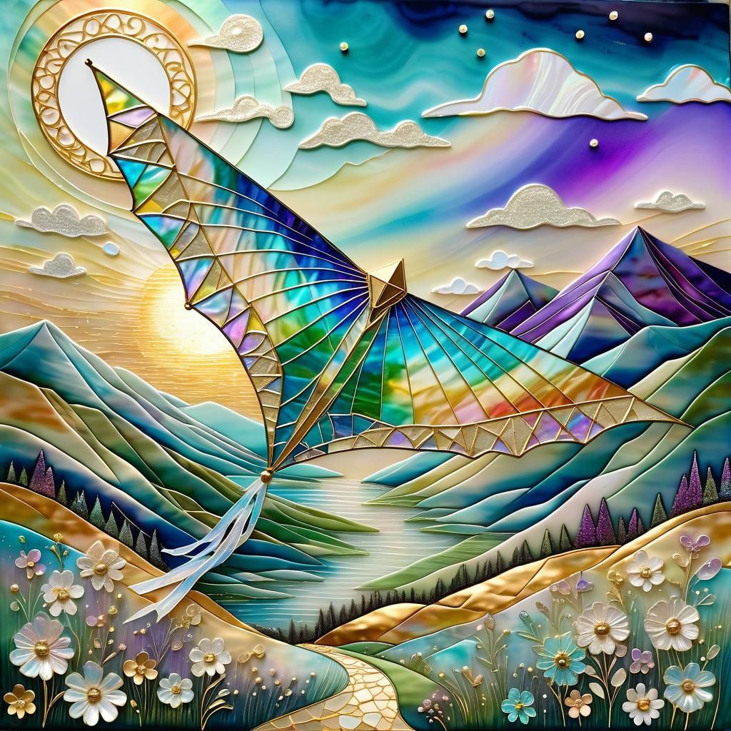 Iridescent Kite Flies in a Mystical Landscape