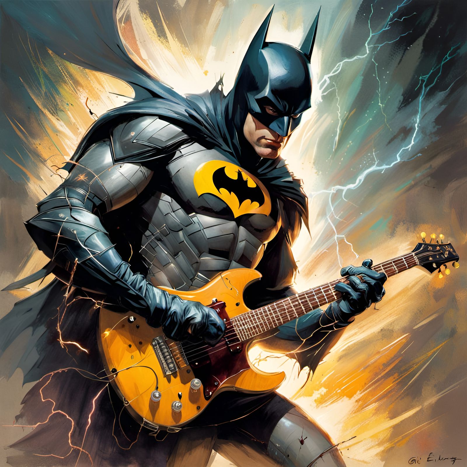 Batman Plays Guitar in Pin-Up Style
