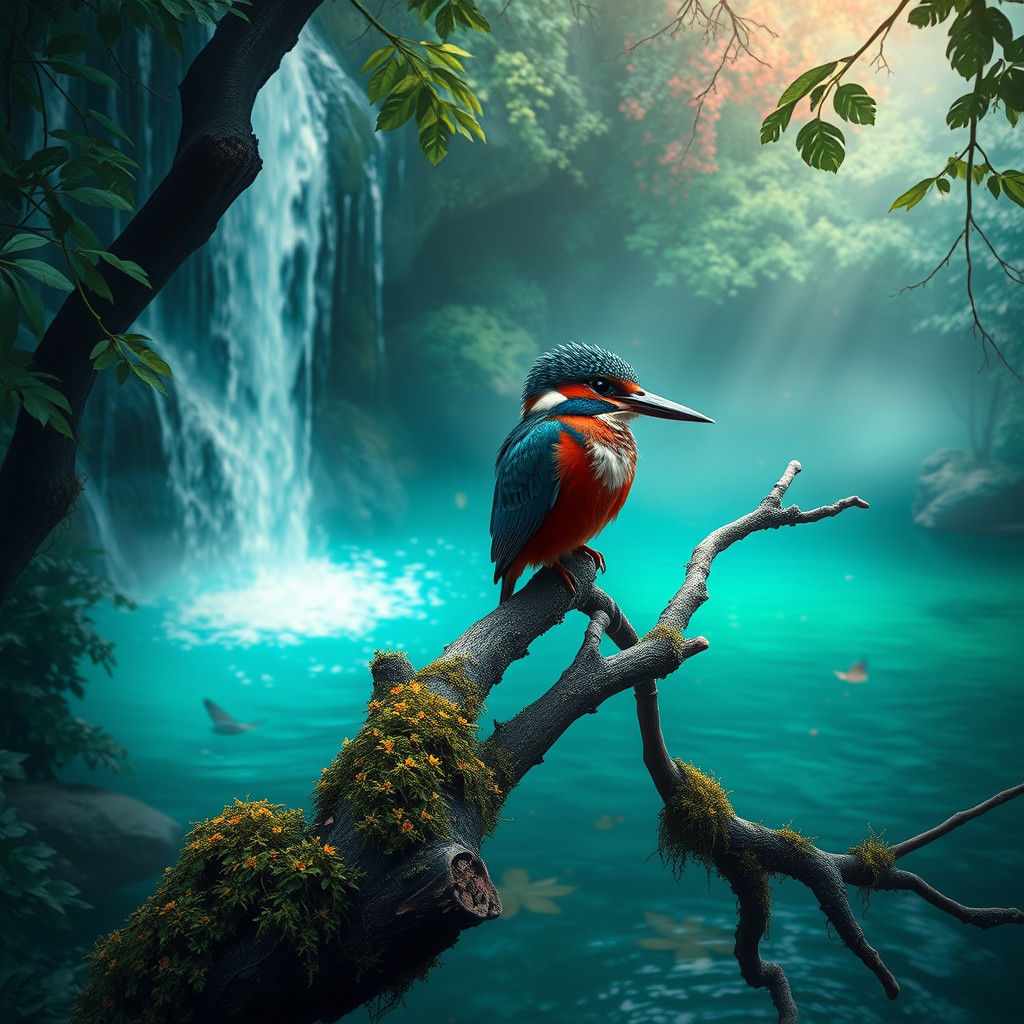 Kingfisher on Mossy Branch in Matte Painting Style