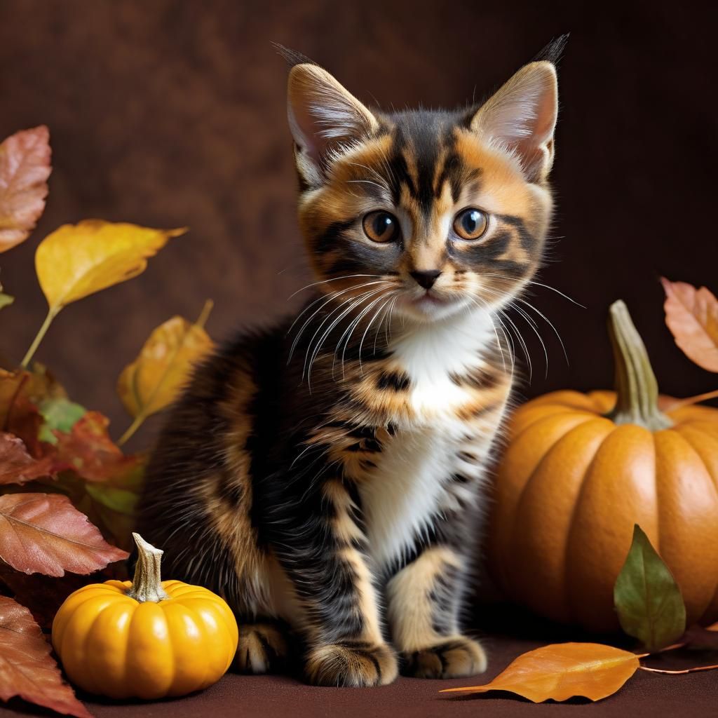 Tortoiseshell Kitten Amidst Pumpkins in Autumnal Hues