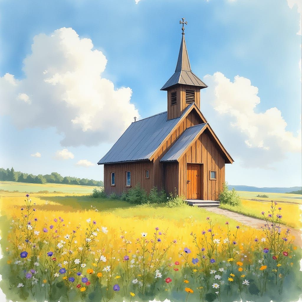 Impressionistic Church in Sunlit Norwegian Countryside