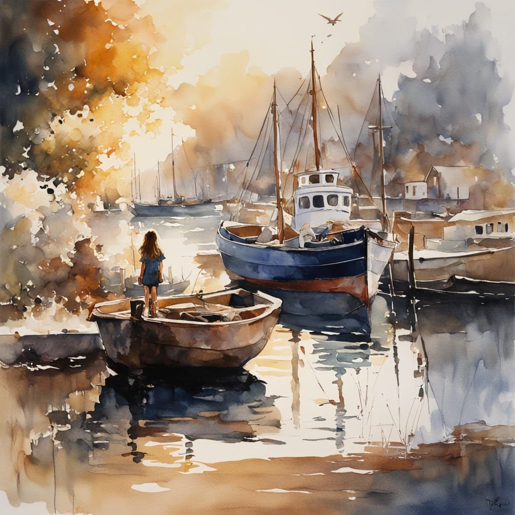Little Girl and Puppy in Serene Harbour Watercolor