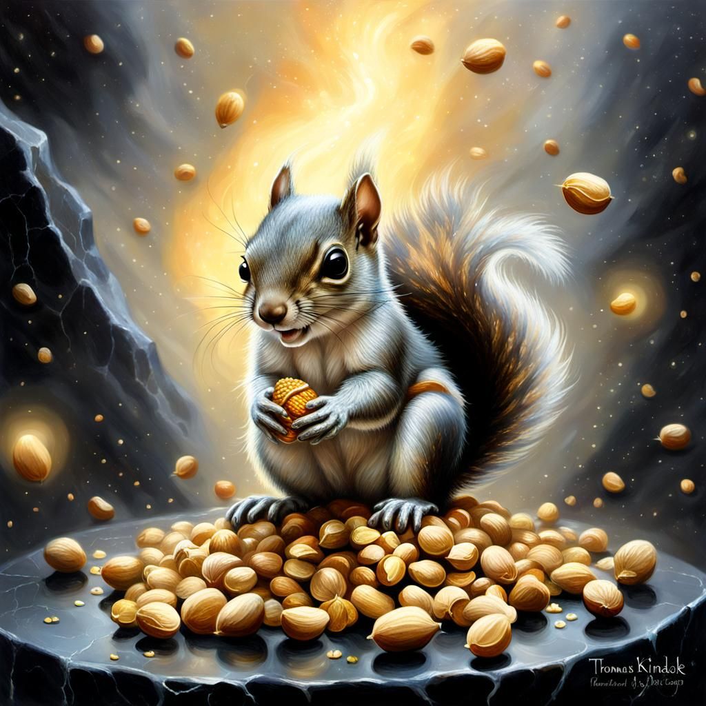 Ethereal Squirrel with Peanut in Kinkade Style