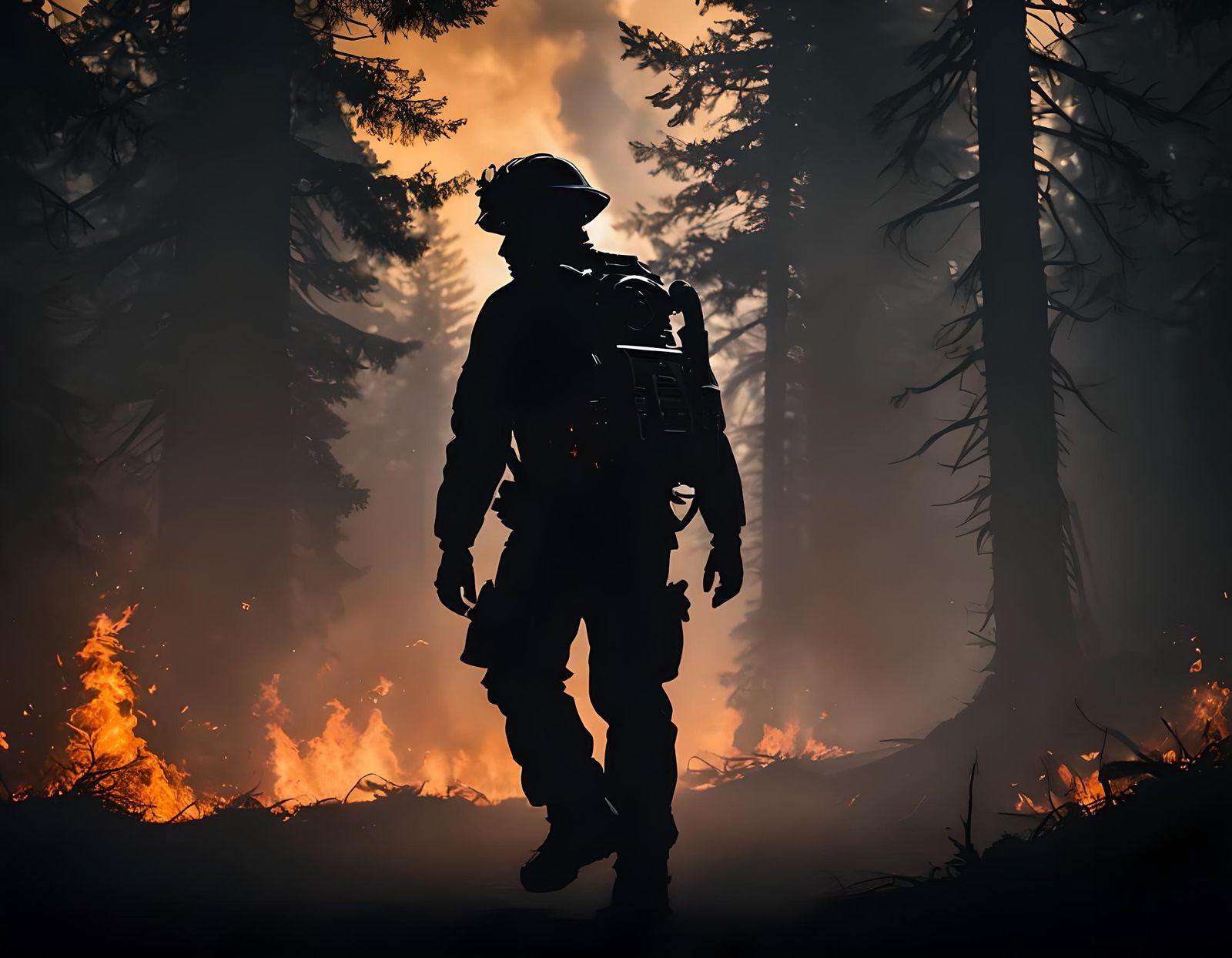 Fireman Silhouette Logo Entering Wildfire