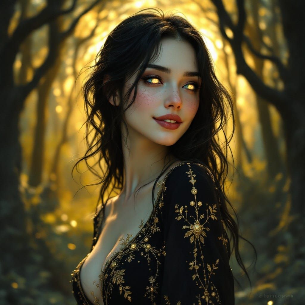 Nebula-Eyed Woman in Moonlit Forest, Art Nouveau Style