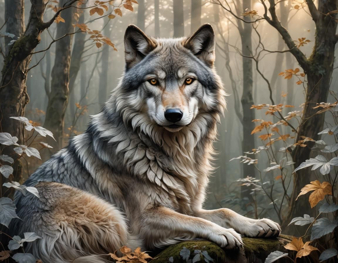 Elegant Gray Wolf in Art Nouveau Style