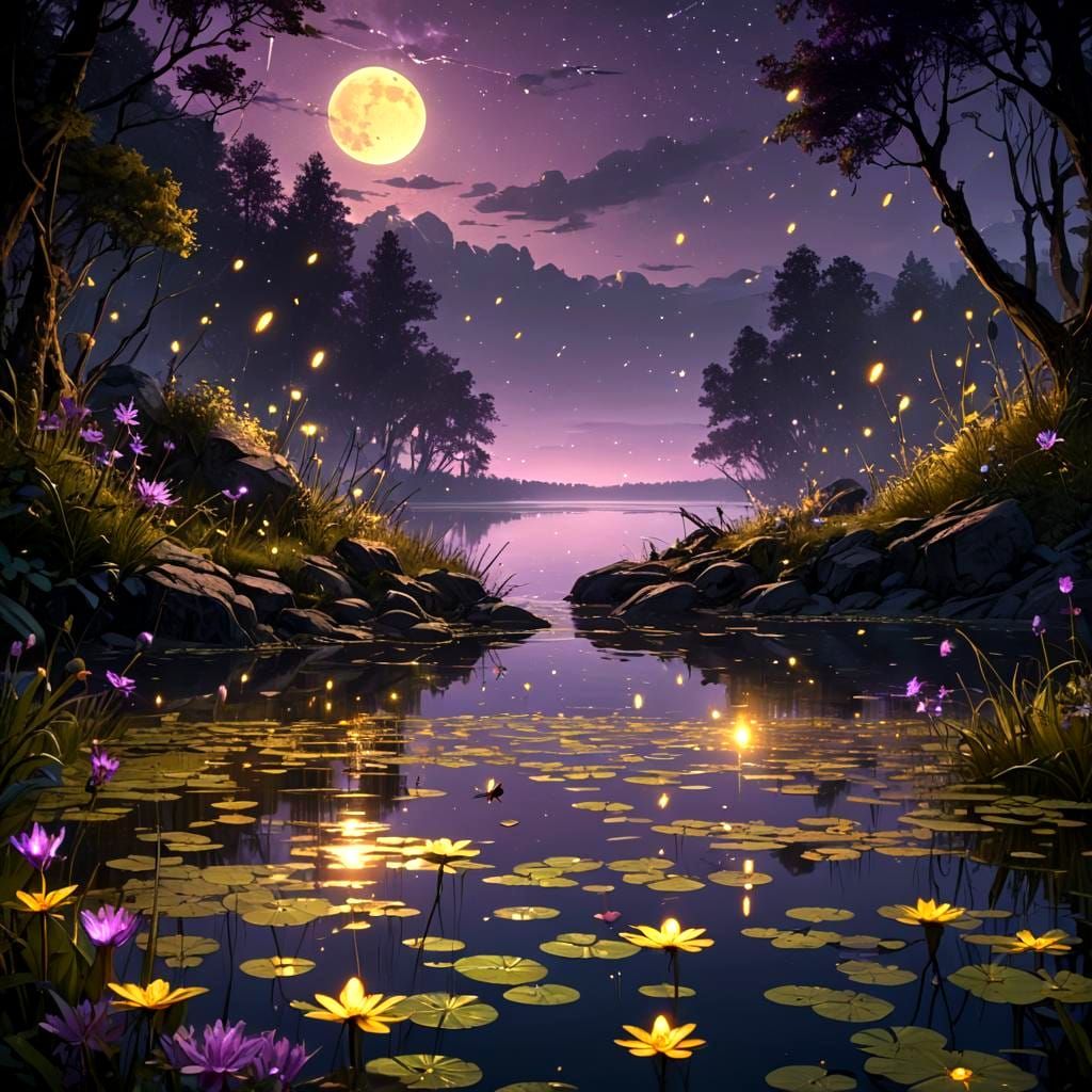 Fireflies Dance on Summer Lake: Dark Fantasy Art