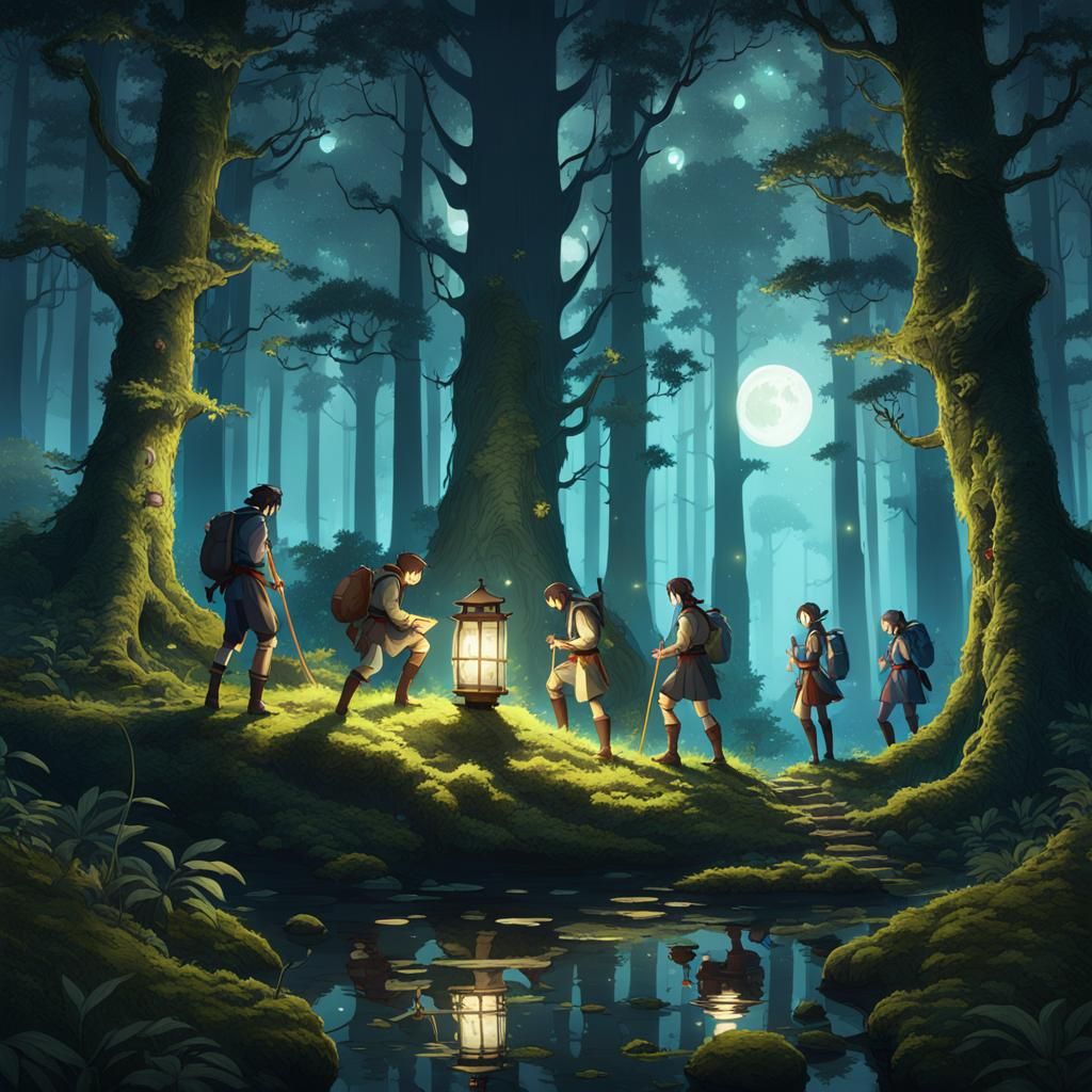 Moonlit Forest Treasure Hunt in Anime Style