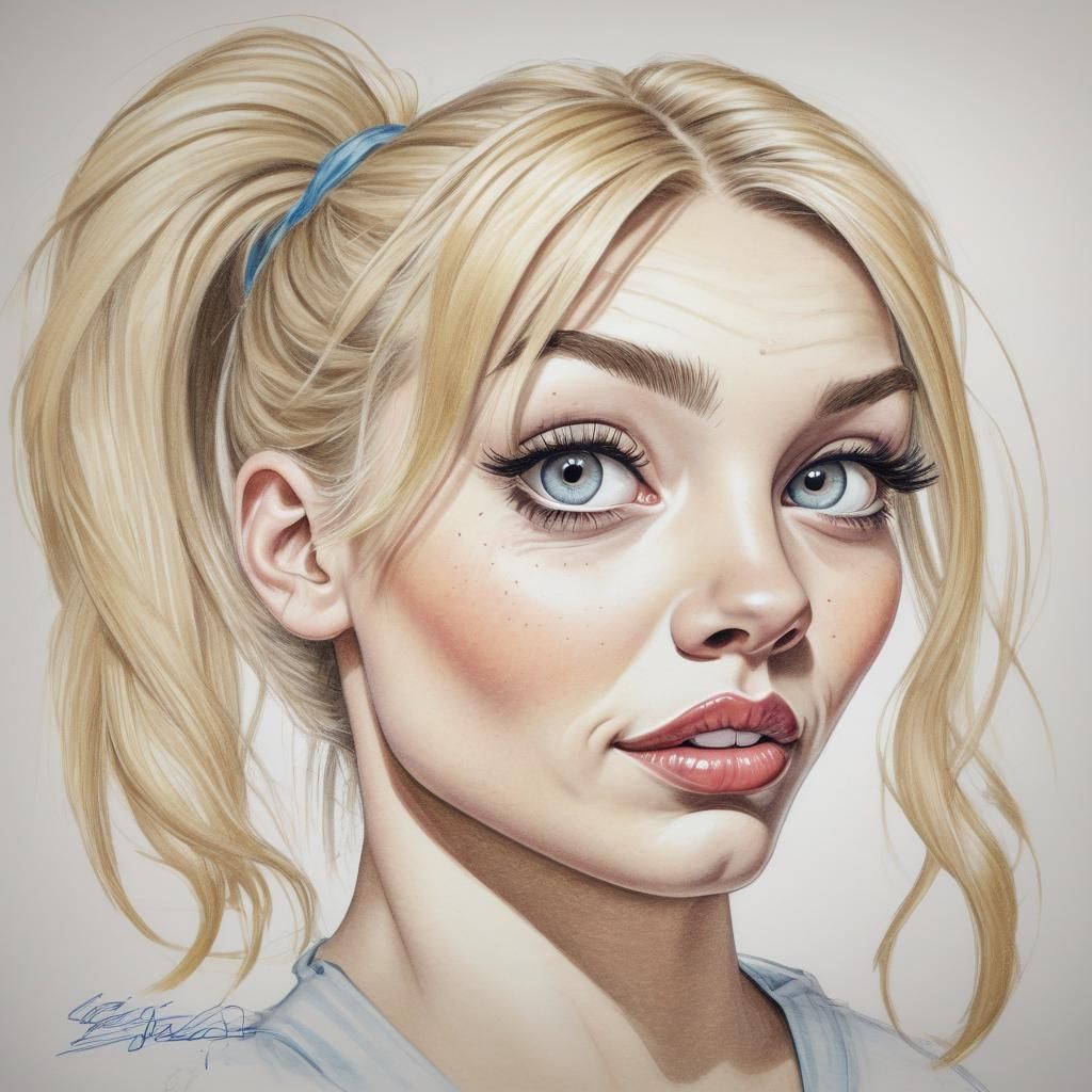 Funny Caricature of a Young Woman in Pencil