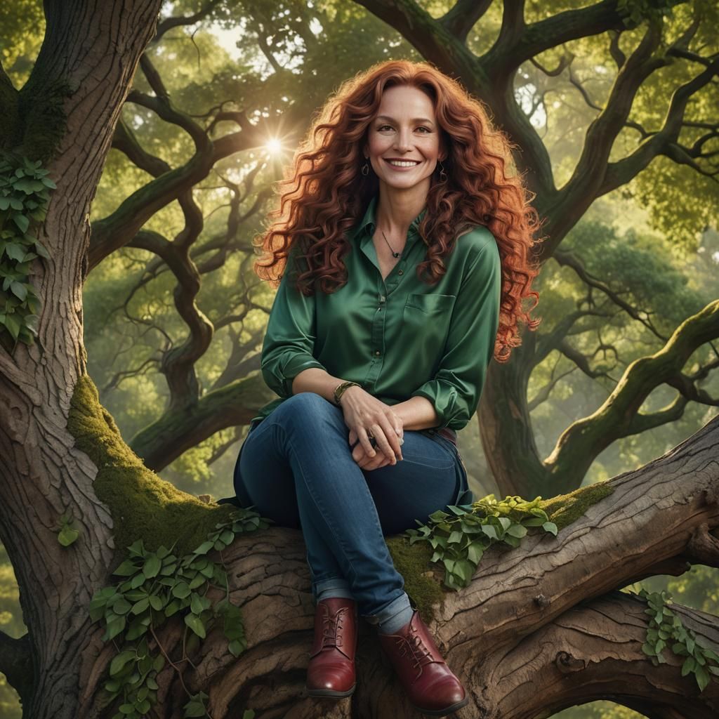 Woman in Tree with Dog, Matte Painting Style