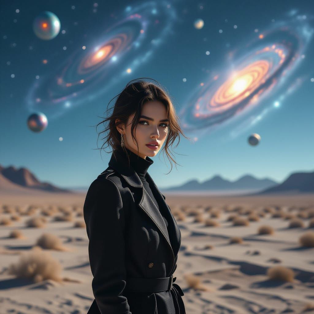 Enigmatic Model on Alien World Under Cosmic Sky