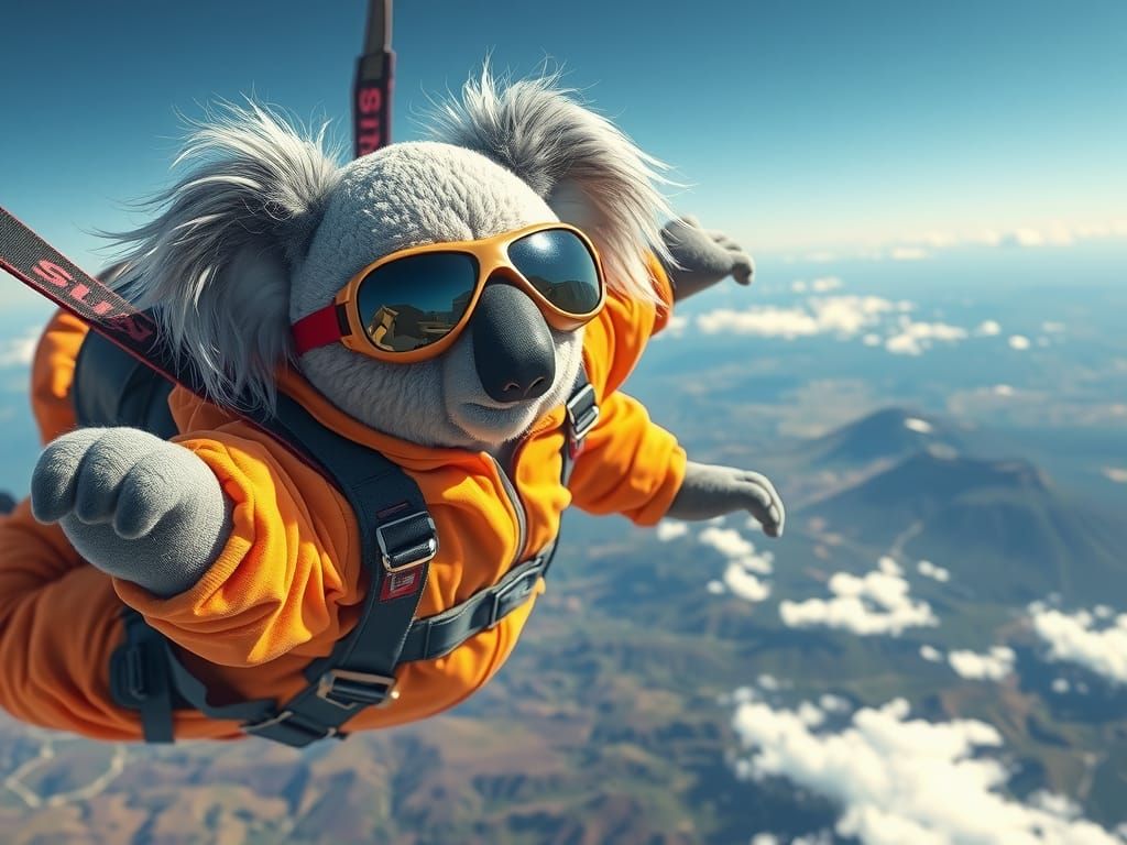 Skydiving Koala Bear in Jumpsuit, Action Movie Style