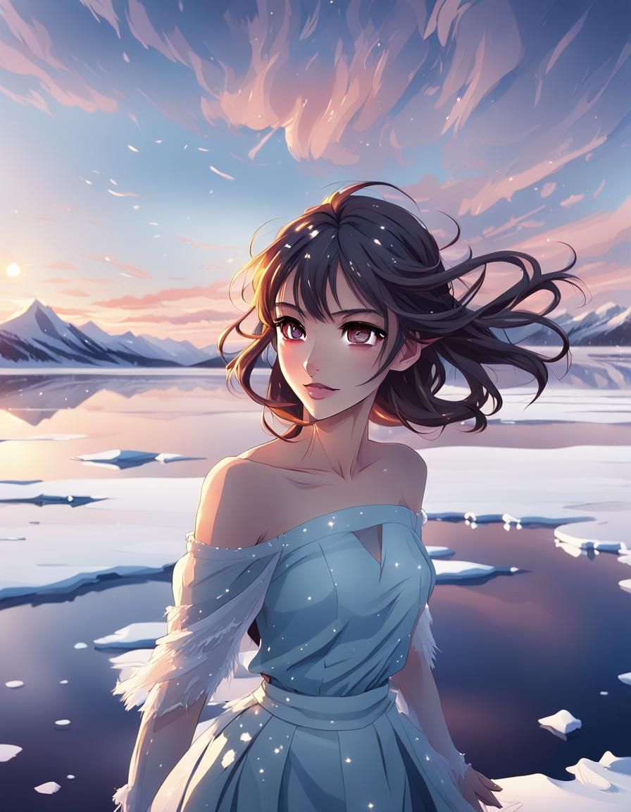 Manga Girl on Frozen Lake at Sunset