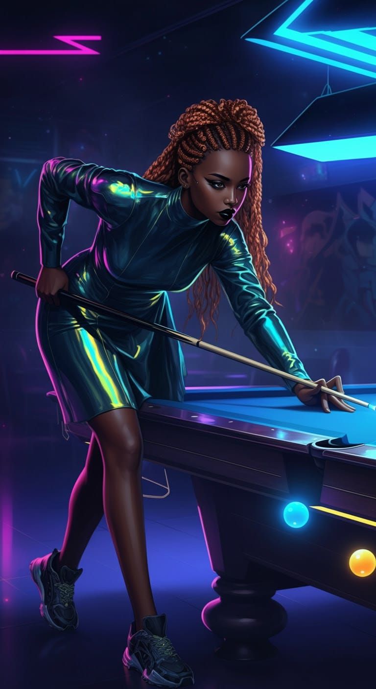 Cyberpunk Goddess Leans into Neon-Lit Pool Table Shot