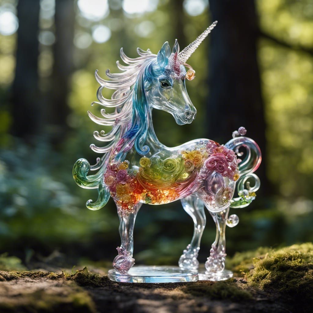 Intricate Glass Unicorn Figurine on Forest Path