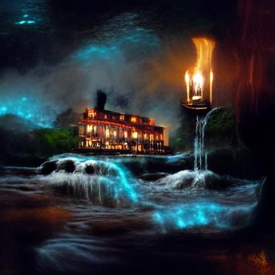 Victorian Hotel Submerged by Bioluminescent Waterfall
