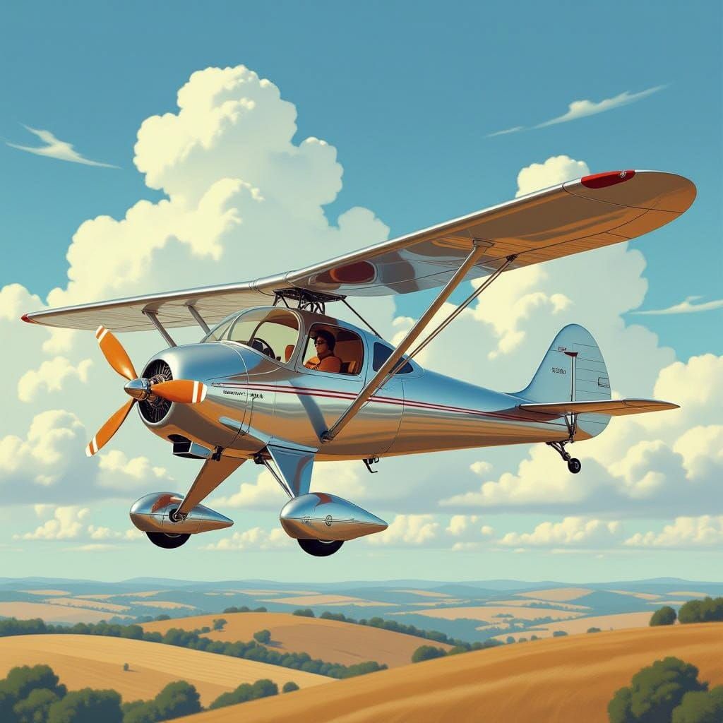 Vintage Autogyro Soars Over Rolling Hills in a Golden Light