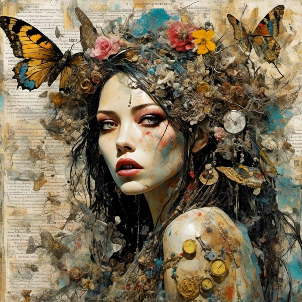Detailed Mixed-Media Collage Art with Pinup and Floral Eleme...