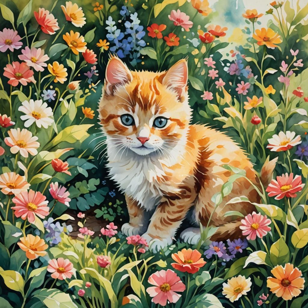Kittens Playing in Gouache Watercolor Garden