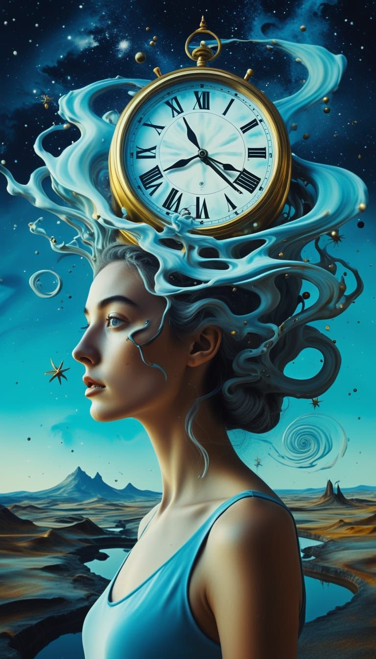 Surreal Woman in Dreamscape with Melting Clock Hair