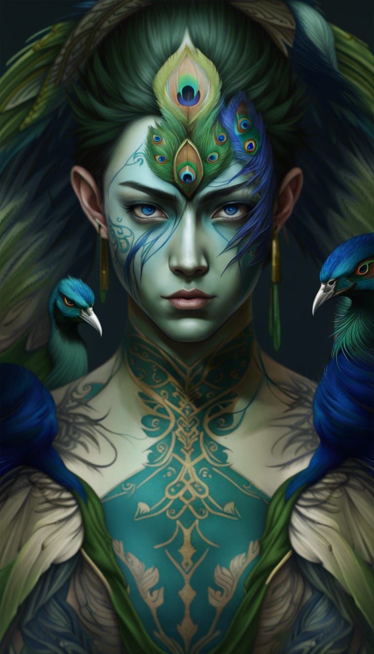 Animecore Man in Green and Blue Dress with Feathers