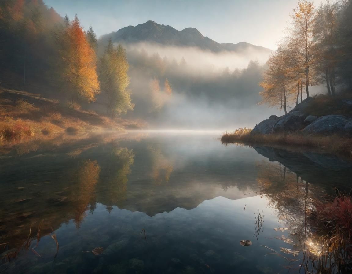 Autumn Morning Mist Over Mountain Pond