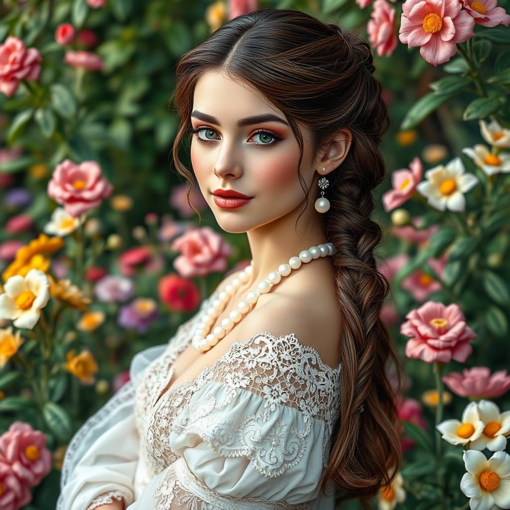 Embroidered Portrait of Elegant Lady in Lush Garden